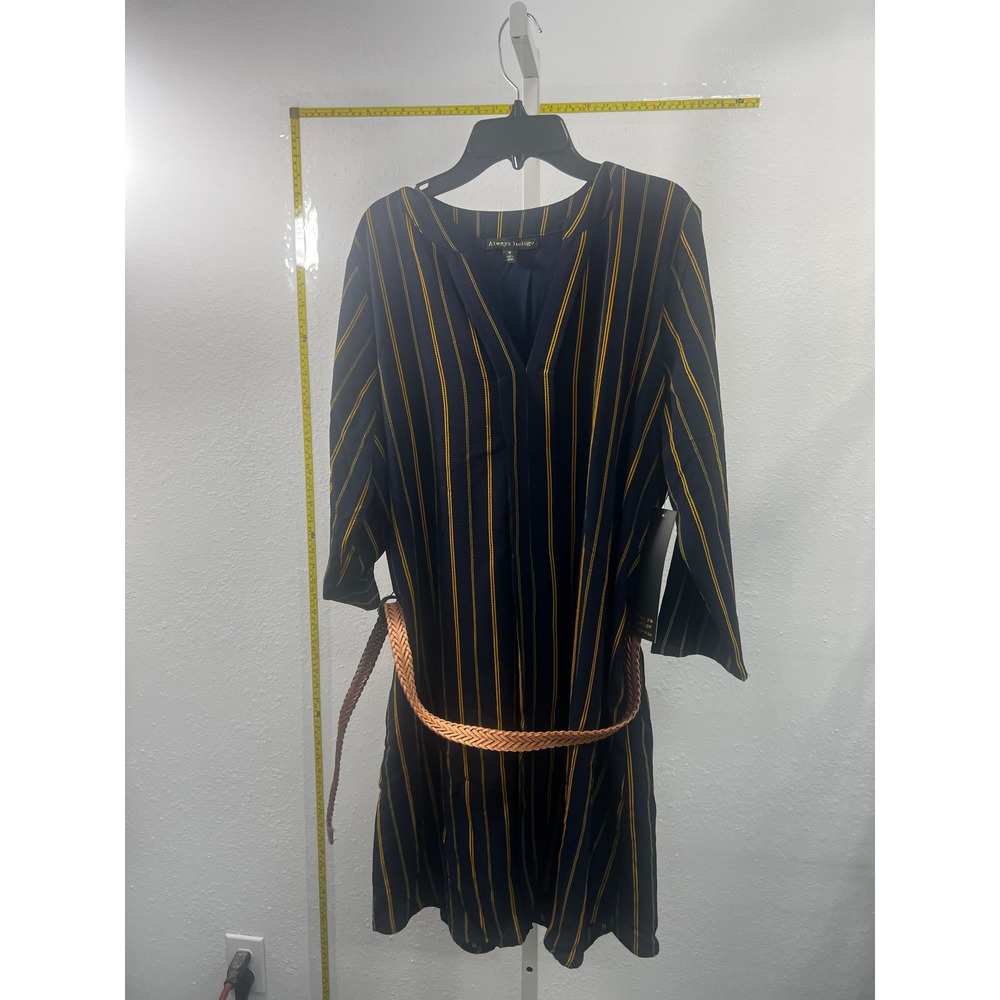 Always Indigo Navy Blue Yellow Striped V-Neck Belted‎ Shift Dress Plus Size 1X